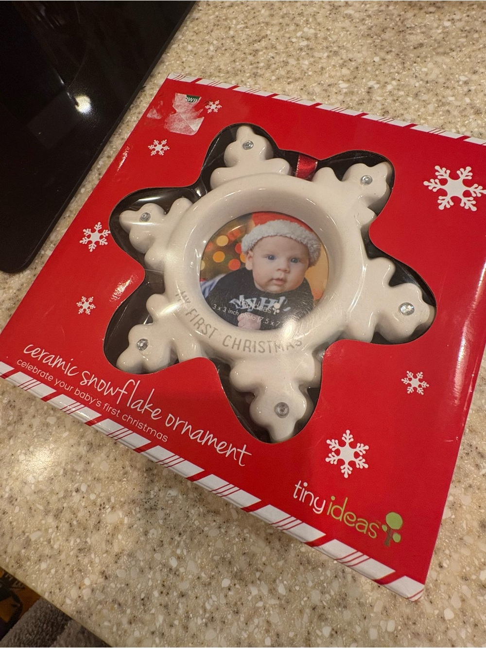 White Ceramic Snowflake Baby First Christmas Photo Ornament-NWT!
